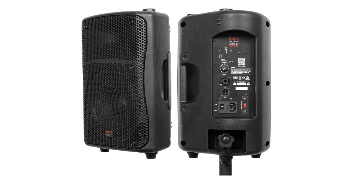 Galaxy Audio GPS-8 Compact PA Speaker front angle and back stand mounted shown