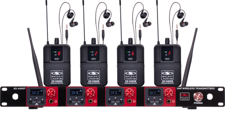 AS-4400 Quad Wireless In-Ear Monitor Band System with 4 body pack receivers and 4 earbuds