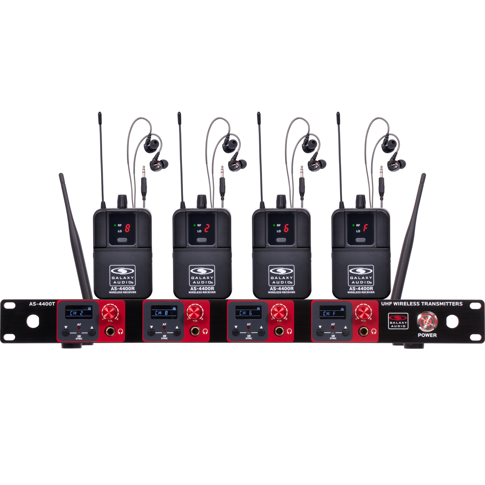 AS-4400 Quad Wireless In-Ear Monitor Band System with 4 body pack receivers and 4 earbuds