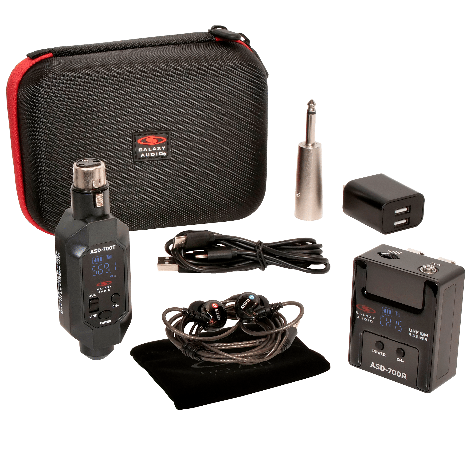 ASD-700 UHF Wireless In-Ear Monitor System with case, earbuds, and included accessories.