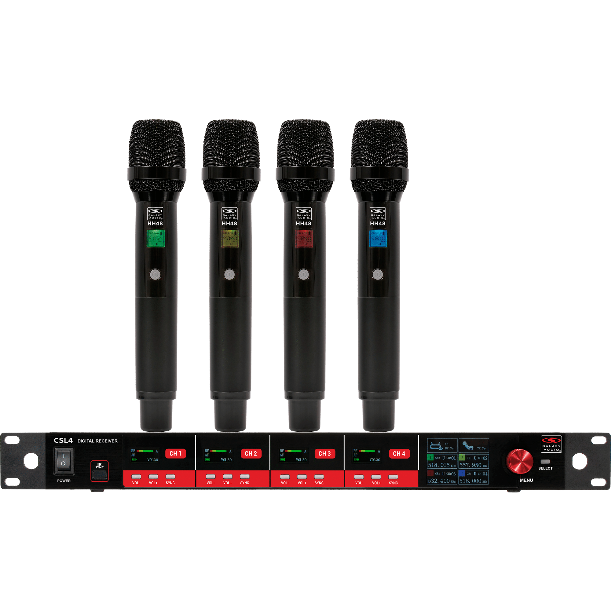 CSL4-HHHH Four-Channel Digital UHF True Diversity Wireless Microphone System. Includes CSL4 QUAD Receiver w/ four independent receivers in a single 1U rackmount chassis & (4) HH48 Handheld Mics