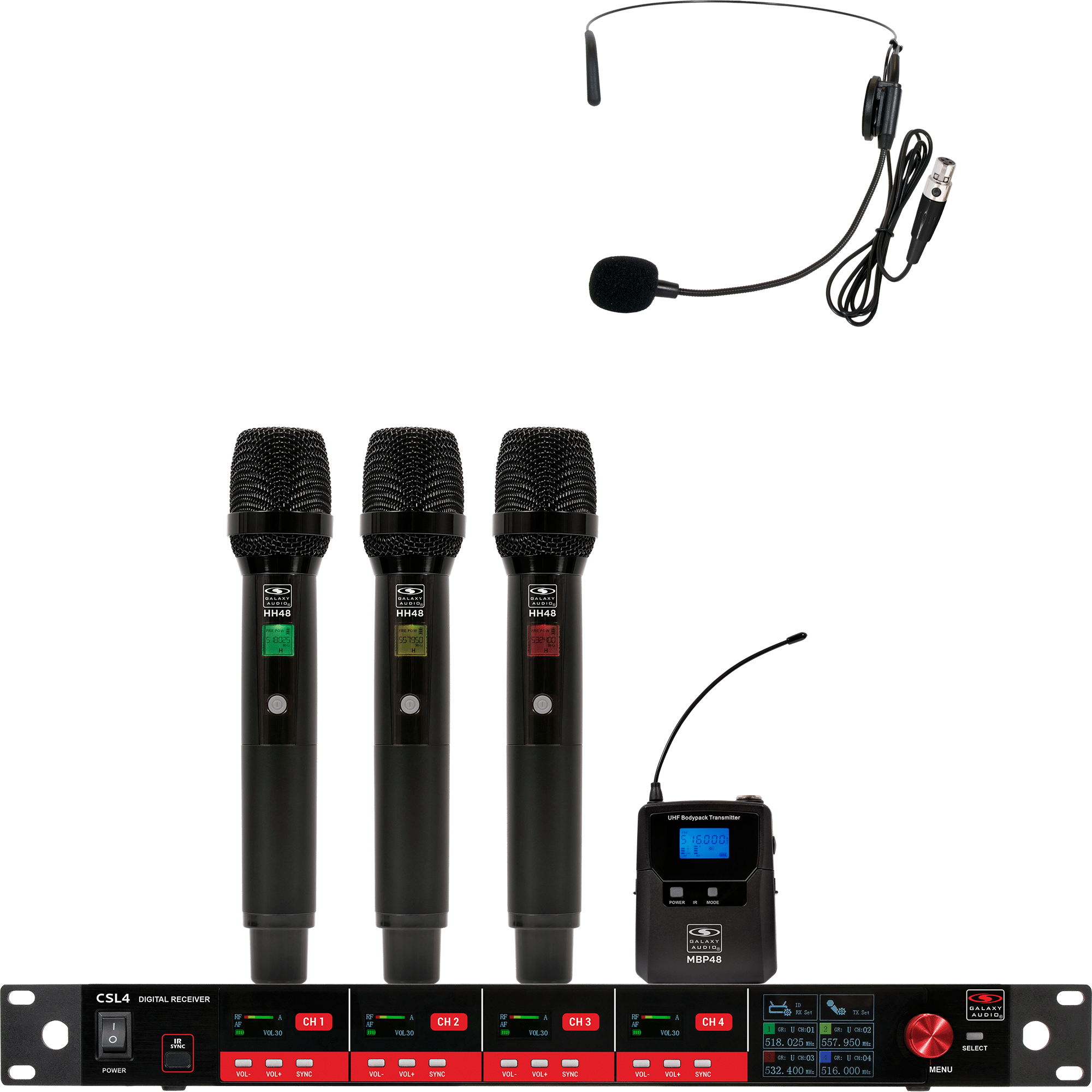 CSL4-HHHS Four-Channel Digital UHF True Diversity Wireless Microphone System.Includes CSL4 QUAD Receiver w/ four independent receivers in a single 1U rackmount chassis, (3) HH48 Handheld Mics & (1) MBP48 Body Pack Transmitters w/ Headset Mic.