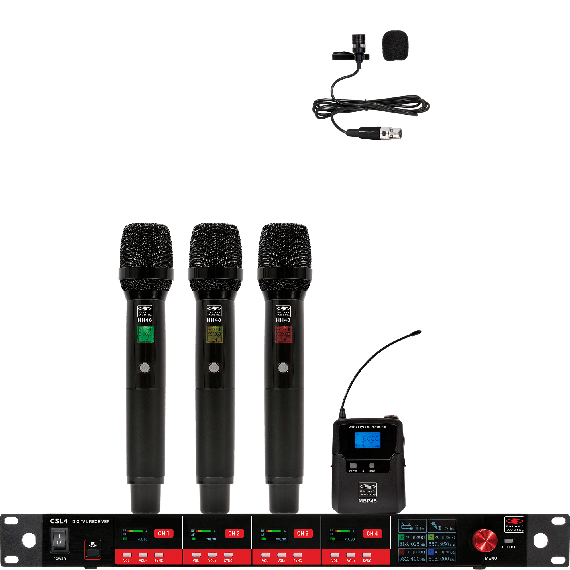 CSL4-HHHV Four-Channel Digital UHF True Diversity Wireless Microphone System. Includes CSL4 QUAD Receiver w/ four independent receivers in a single 1U rackmount chassis, (3) HH48 Handheld Mics & (1) MBP48 Body Pack Transmitter w/ Lavalier.