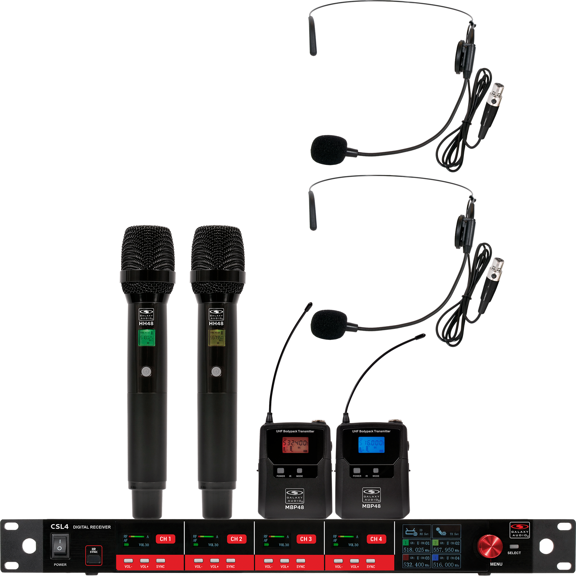 CSL4-HHSS Four-Channel Digital UHF True Diversity Wireless Microphone System. Includes CSL4 QUAD Receiver w/ four independent receivers in a single 1U rackmount chassis, (2) HH48 Handheld Mics & (2) MBP48 Body Pack Transmitters w/ Headset Mics.