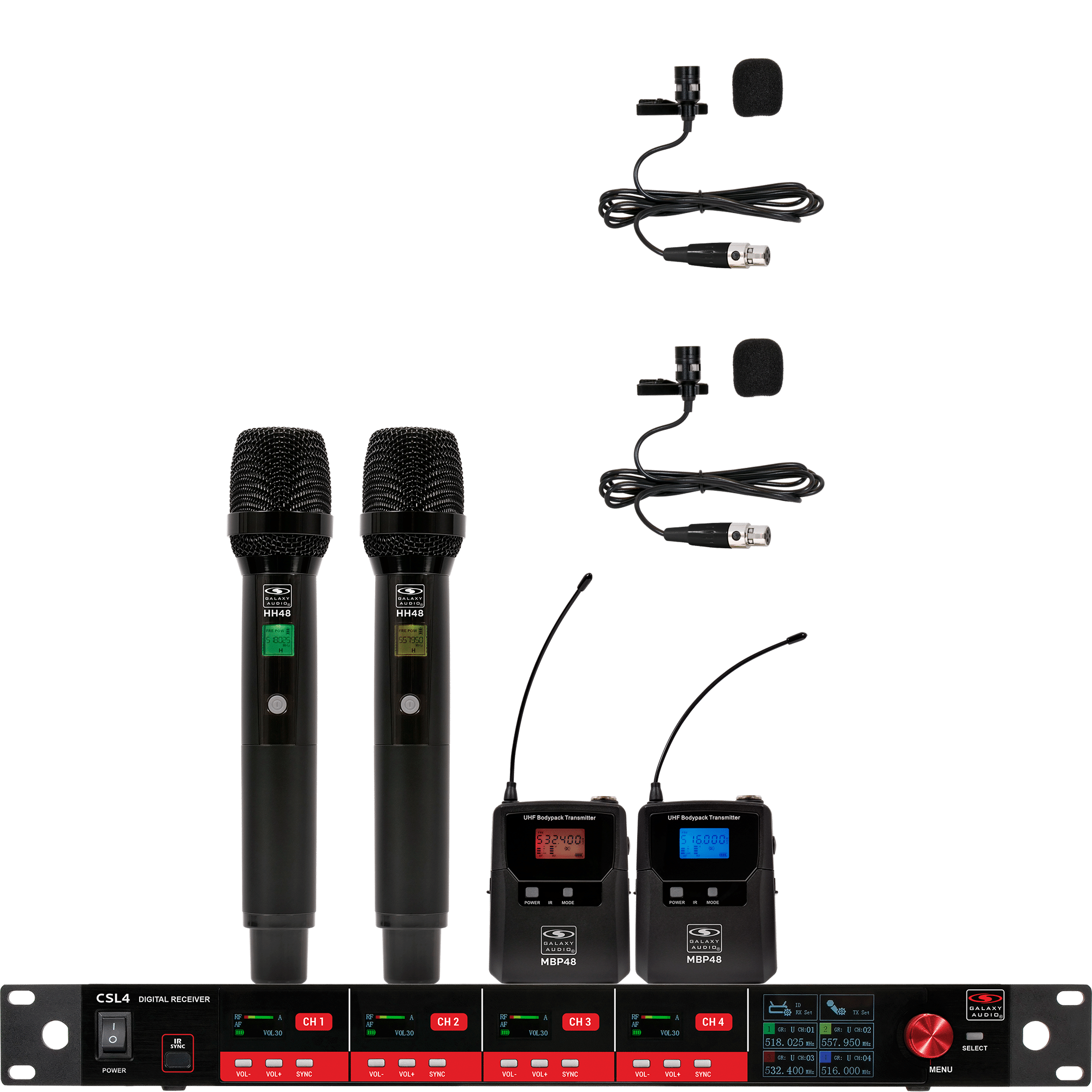 CSL4-HHVV Four-Channel Digital UHF True Diversity Wireless Microphone System. Includes CSL4 QUAD Receiver w/ four independent receivers in a single 1U rackmount chassis, (2) HH48 Handheld Mics & (2) MBP48 Body Pack Transmitters w/ Lavaliers.