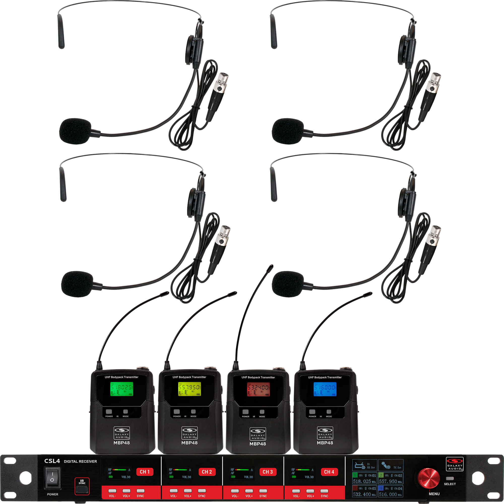 CSL4-SSSS Four-Channel Digital UHF True Diversity Wireless Microphone System. Includes CSL4 QUAD Receiver w/ four independent receivers in a single 1U rackmount chassis & (4) MBP48 Body Pack Transmitters w/ Headset Mics.