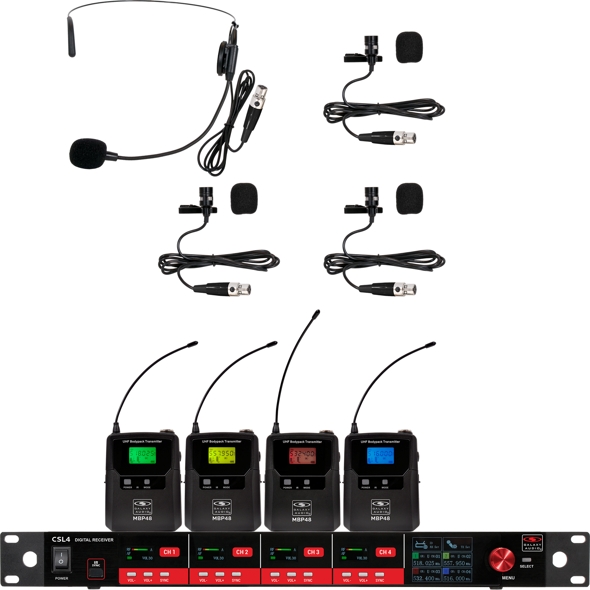 CSL4-SVVV Four-Channel Digital UHF True Diversity Wireless Microphone System. Includes CSL4 QUAD Receiver w/ four independent receivers in a single 1U rackmount chassis, (1) MBP48 Body Pack Transmitter w/ Headset Mic, & (3) MBP48 Body Pack Transmitters w/ Lavaliers.