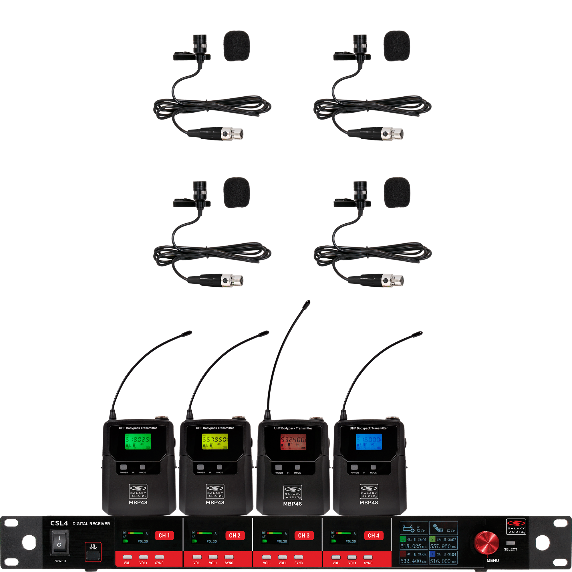 CSL4-VVVV Four-Channel Digital UHF True Diversity Wireless Microphone System. Includes CSL4 QUAD Receiver w/ four independent receivers in a single 1U rackmount chassis & (4) MBP48 Body Pack Transmitters w/ Lavaliers.